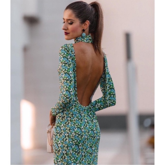 Zara Blogger Fave Green Floral High Neck Cut Out Open Back Fitted Midi Dress - Picture 1 of 11